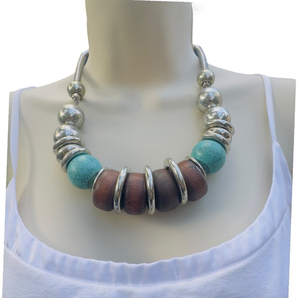 Chunky Statement Necklace With Wooden & Turquoise Beads Silver Accents Adjustabl